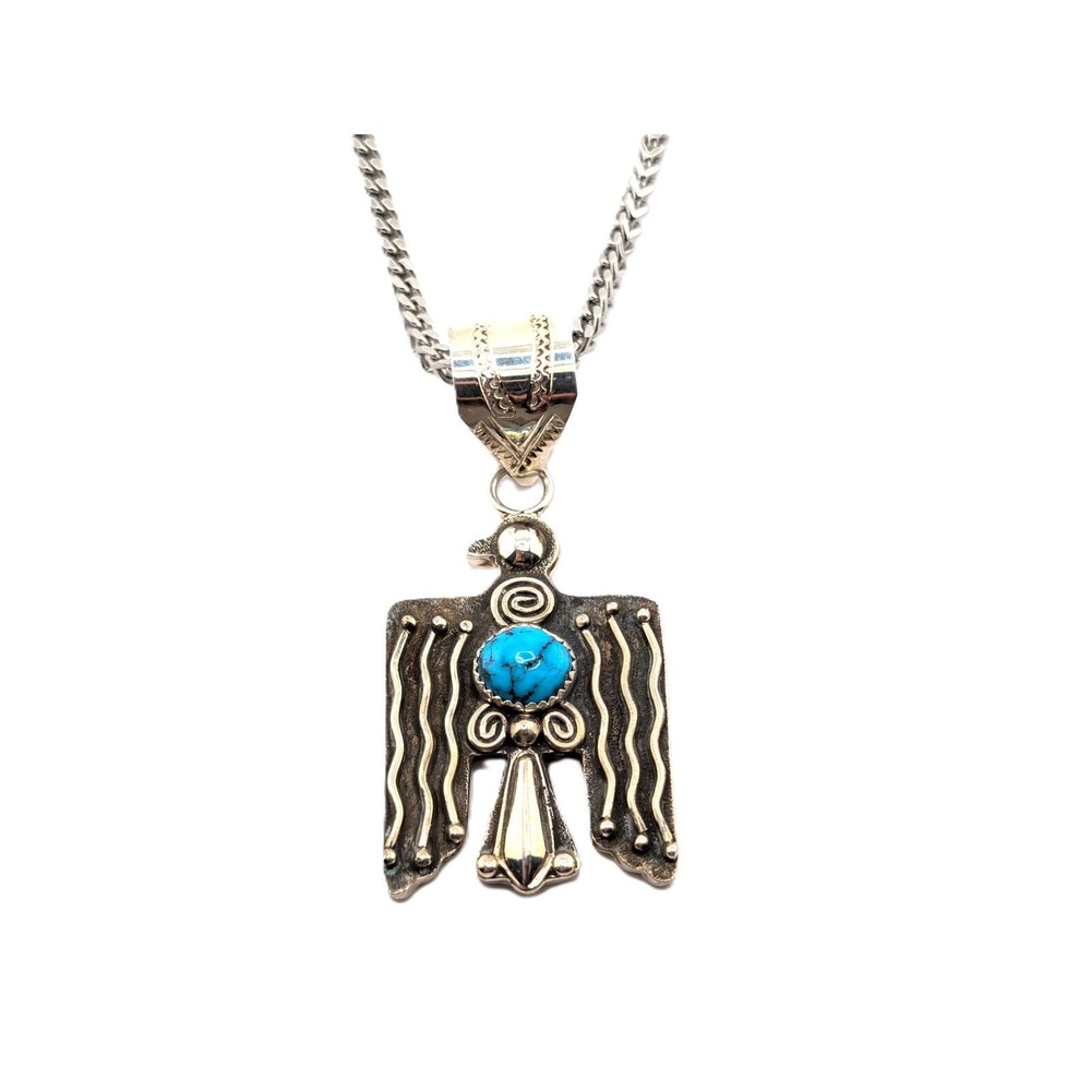 Navajo Thunderbird Turquoise Medallion 22in Heavy Franco Chain Jewelry** - Picture 2 of 8